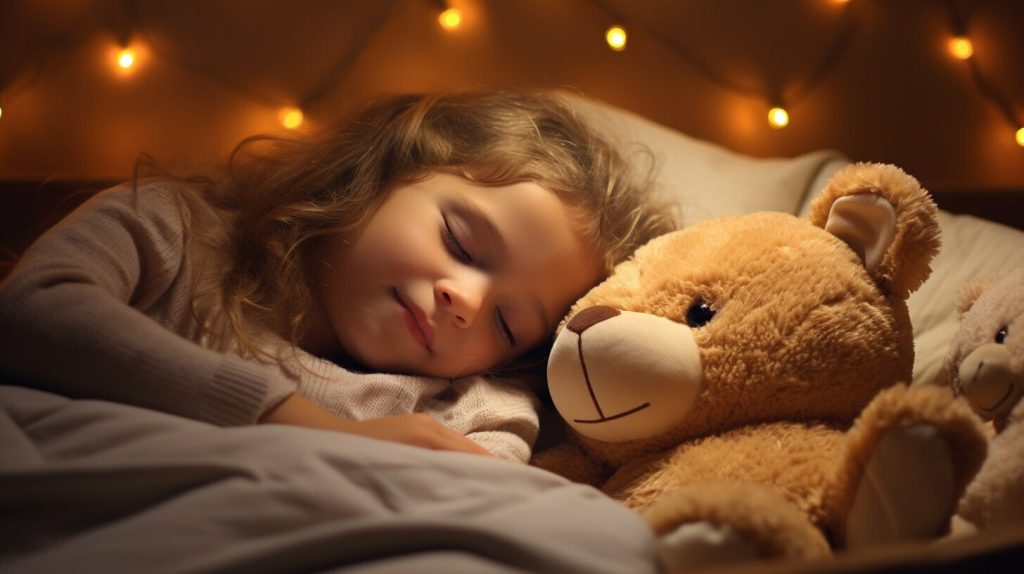 sleeping child with stuffed animals